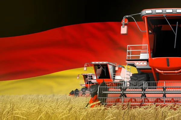 Illustration 3D industrielle de trois moissonneuses-batteuses modernes rouges avec drapeau allemand sur le champ de seigle - vue de près, concept agricole — Photo