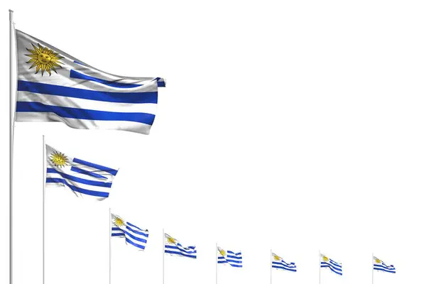 Bonito muchas banderas de Uruguay colocadas diagonal aislado en blanco con lugar para el contenido - cualquier fiesta de la bandera 3d ilustración —  Fotos de Stock