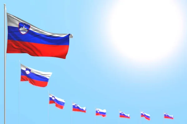 Bastantes banderas de Eslovenia colocadas diagonales con enfoque suave y lugar vacío para su texto - cualquier ilustración 3d bandera de vacaciones —  Fotos de Stock