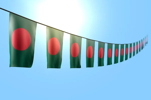 Maravilloso muchas banderas de Bangladesh o pancartas colgando diagonal en la cuerda en el fondo del cielo azul con bokeh - cualquier ilustración 3d bandera de vacaciones —  Fotos de Stock