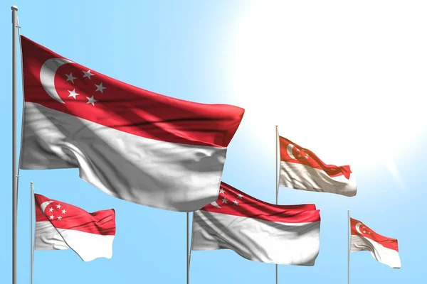 Agradable 5 banderas de Singapur son ola sobre fondo azul cielo - cualquier bandera de vacaciones 3d ilustración — Foto de Stock