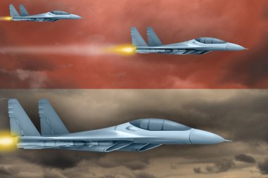 Endonezya hava kuvvetleri kavramı grev. Hava uçakları Endonezya bayrağı arka planına saldırıyor. 3d İllüstrasyon