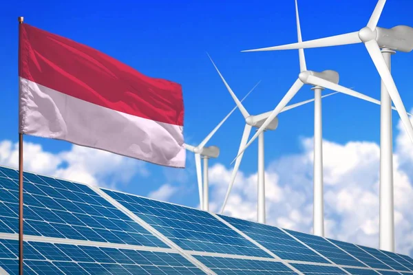 Indonesia energia solare ed eolica, concetto di energia rinnovabile con pannelli solari - energia rinnovabile contro il riscaldamento globale - illustrazione industriale, illustrazione 3D — Foto Stock