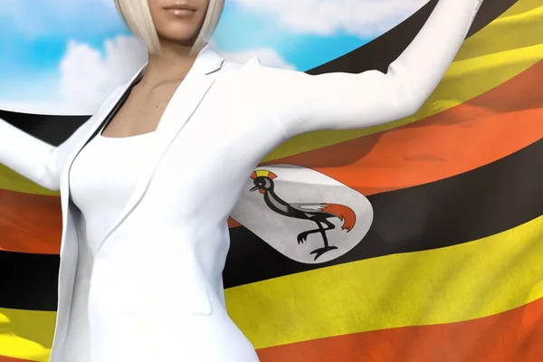 Mujer de negocios joven sostiene la bandera de Uganda en las manos detrás de su espalda en el fondo azul del cielo - concepto de la bandera 3d ilustración —  Fotos de Stock