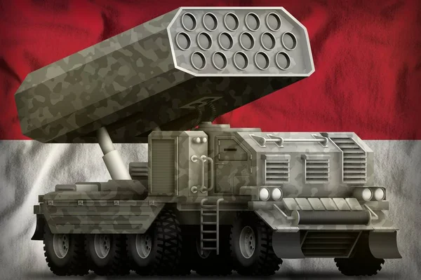 Rocket artillery, missile launcher with grey camouflage on the Indonesia national flag background. 3d Illustration — Stock Photo, Image