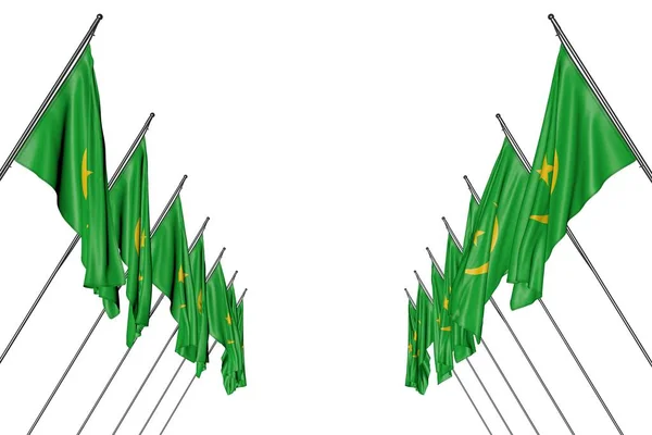 Beaux nombreux drapeaux mauritaniens suspendus sur des poteaux diagonaux de gauche et de droite isolés sur le blanc - tout drapeau de vacances illustration 3d — Photo