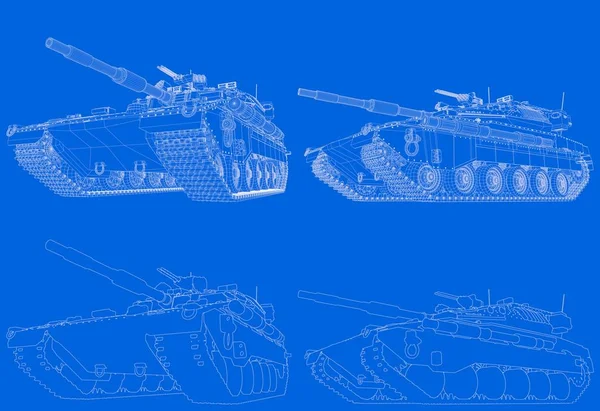 Σχέδιο της περιγράφων απομονωμένων 3D τεθωρακισμένων δεξαμενών με πρότυπο σχεδιασμό, υψηλής ανάλυσης πολεμική αντίληψη-στρατιωτική 3D εικονογράφηση — Φωτογραφία Αρχείου