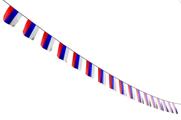 Mignon de nombreux drapeaux de la Russie ou des bannières suspendues en diagonale sur la corde isolée sur blanc - tout drapeau de célébration illustration 3D — Photo