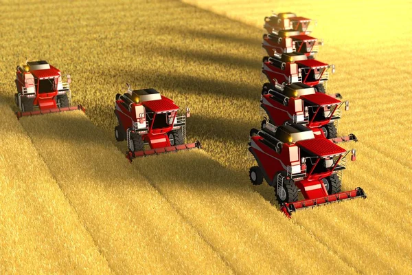 Ilustración industrial 3D de muchas cosechadoras de centeno rojo están trabajando en el gran campo de oro - concepto de vehículo agrícola —  Fotos de Stock