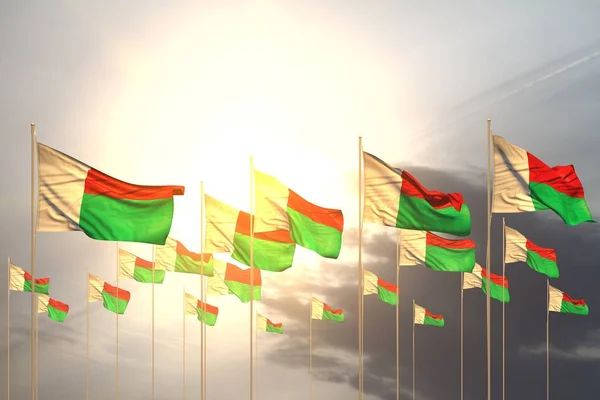 Beau beaucoup de drapeaux de Madagascar dans une rangée sur le coucher du soleil avec place libre pour le texte - n'importe quel drapeau de fête illustration 3D — Photo