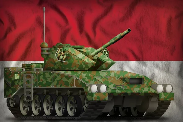 Apc tanque ligero con camuflaje de verano en el fondo de la bandera nacional de Indonesia. Ilustración 3d — Foto de Stock