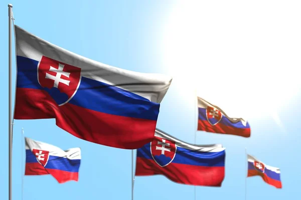 Pretty 5 flags of Slovakia are waving against blue sky illustration with soft focus - any event flag 3d illustration — Stok Foto