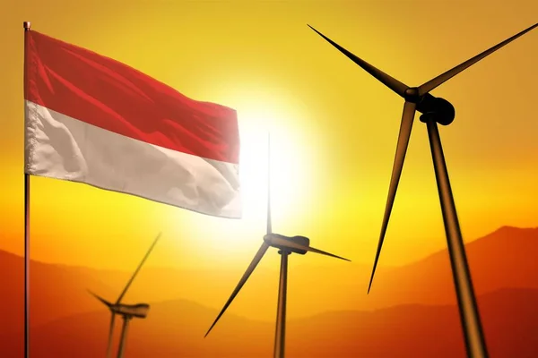 Indonesia energia eolica, concetto di ambiente di energia alternativa con turbine eoliche e bandiera al tramonto illustrazione industriale - energie alternative rinnovabili, illustrazione 3D — Foto Stock