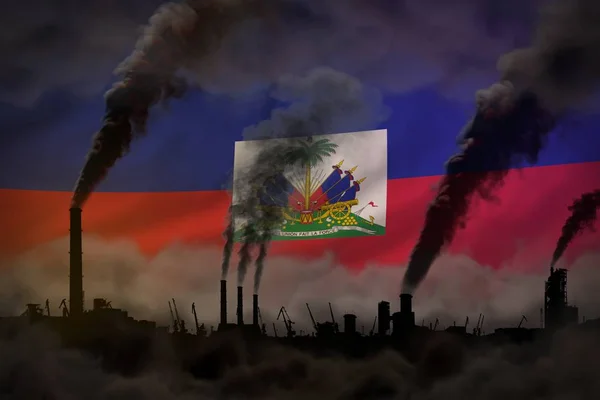 Βαρύ καπνό των σωλήνων εργοστάσιο στη σημαία της Αϊτής - έννοια της υπερθέρμανσης του πλανήτη, φόντο με χώρο για το λογότυπό σας - βιομηχανική 3D εικονογράφηση — Φωτογραφία Αρχείου