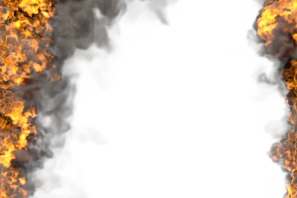 Вогонь 3D ілюстрація танення пекельної рами ізольовані на білому з щільним димом - зверху і знизу порожні, лінії вогню з боків ліворуч і праворуч — стокове фото