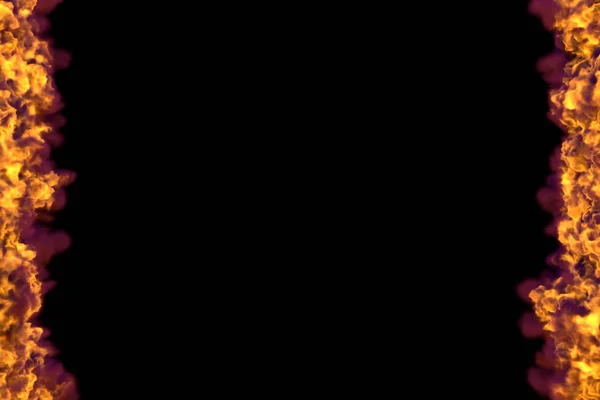 Fire 3D illustratie van mysterie smelten explosie frame geïsoleerd op zwarte achtergrond met donkere rook-boven-en onderkant zijn leeg, vuur lijnen van links en rechts — Stockfoto