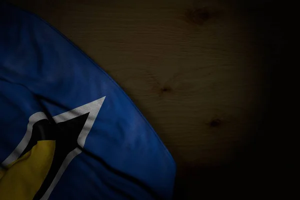 Csodálatos sötét illusztrációja Saint Lucia zászló nagy redők a sötét fa üres hely a tartalom-minden ünnep zászló 3D illusztráció — Stock Fotó