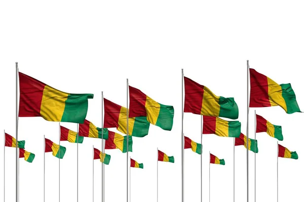 Underbart många Guinea flaggor i en rad isolerad på vitt med tomt utrymme för ditt innehåll-någon fest flagga 3D-illustration — Stockfoto