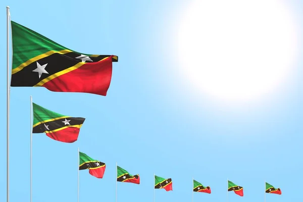 Abbastanza molti Saint Kitts e Nevis bandiere poste diagonale sul cielo blu con posto per il vostro testo - qualsiasi bandiera vacanza 3d illustrazione — Foto Stock