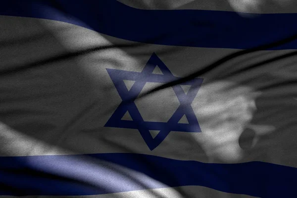 Όμορφη εικόνα της σκοτεινής σημαίας του Ισραήλ με πτυχώσεις που βρίσκονται επίπεδη στις σκιές με φωτεινά σημεία σε αυτό - κάθε σημαία γιορτή 3d εικονογράφηση — Φωτογραφία Αρχείου
