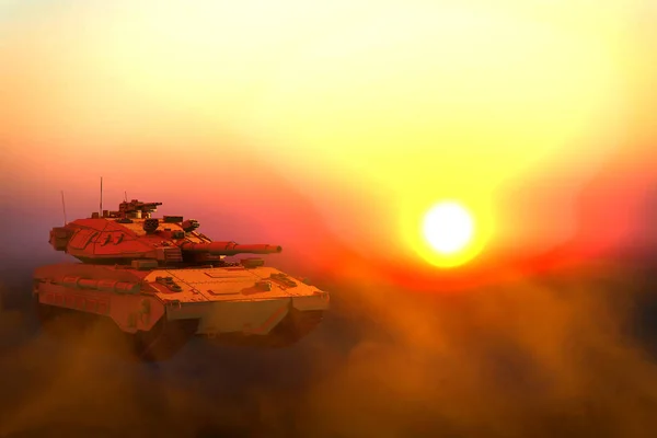 Gul modern tank med inte riktig design på solnedgången, högupplöst tungt pansarkoncept - militär 3D Illustration — Stockfoto