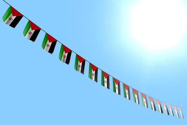 Nádherné mnoho západosaharských vlajek nebo praporů visí diagonálně na laně na modrém pozadí oblohy s měkkým ostřením - jakákoliv dovolená vlajka 3d ilustrace — Stock fotografie