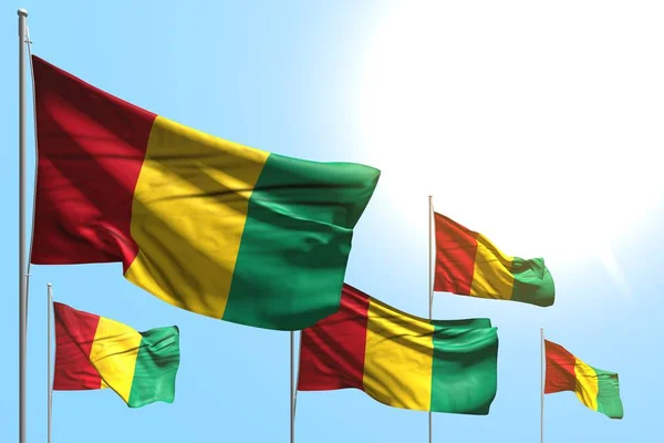 Hermosa 5 banderas de Guinea son ola sobre fondo azul cielo - cualquier bandera de fiesta 3d ilustración — Foto de Stock