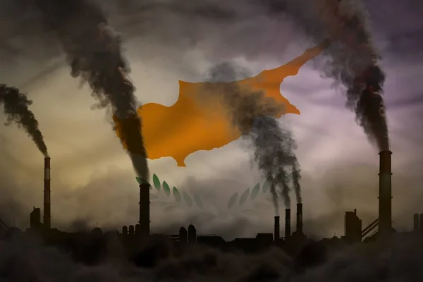 Mörk förorening, kampen mot klimatförändringar koncept - industriell 3D-illustration av fabriksledningar tät rök på Cypern flagga bakgrund — Stockfoto