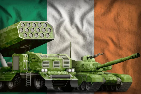 Ireland heavy military armored vehicles concept on the national flag background. 3d Illustration