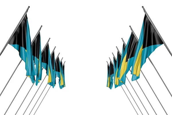 Belas muitas bandeiras das Bahamas penduradas em postes de canto dos lados esquerdo e direito isolados no branco - qualquer bandeira de férias ilustração 3d — Fotografia de Stock