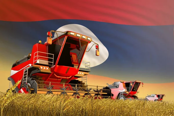 Combinații agricole de recoltare care lucrează pe domeniul cerealelor cu fundalul pavilionului Lao People Democratic Republic, conceptul de producție alimentară ilustrație 3D industrială — Fotografie, imagine de stoc