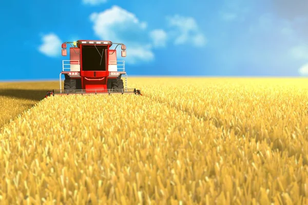 Red grain combine harvester is working on large orange field - harvesting equipment concept, industrial 3D illustration — Stock Photo, Image