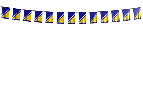 Hermosa muchas banderas de Bosnia y Herzegovina o pancartas cuelga en la cuerda aislada en blanco - cualquier fiesta de la bandera 3d ilustración — Foto de Stock