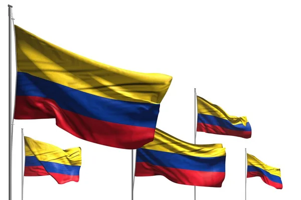 Maravillosas cinco banderas de Colombia son onda aislada en blanco - cualquier celebración bandera 3d ilustración — Foto de Stock