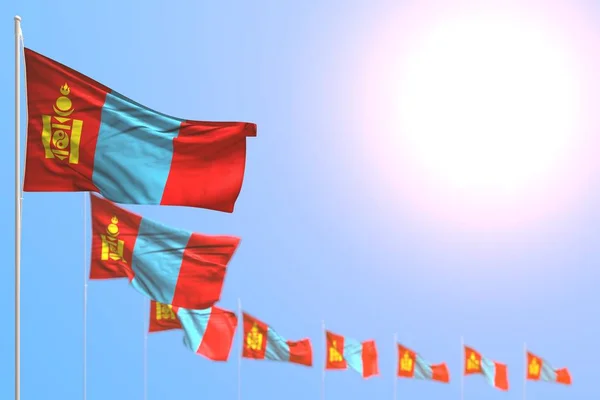 Csodálatos sok Mongólia zászlók elhelyezett átlós puha fókusz és szabad hely a tartalom - minden nyaralás zászló 3d illusztráció — Stock Fotó