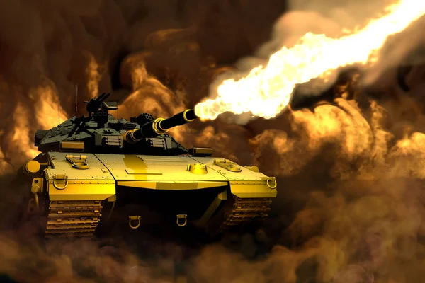 Tanque de camuflaje forestal con diseño no existente en fuego de lucha con lucha alrededor, concepto de fuerzas del tanque - Ilustración 3D militar —  Fotos de Stock