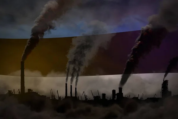 Inquinamento scuro, lotta contro il concetto di cambiamento climatico - illustrazione 3D industriale di condutture di impianti fumo pesante su sfondo bandiera Estonia — Foto Stock