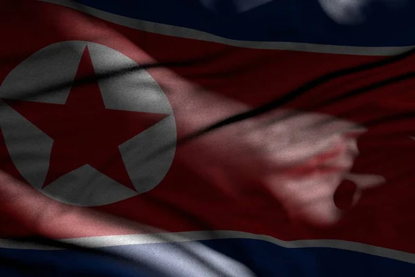 Ładny obraz ciemnej flagi Korei Północnej z fałdami leżące płasko w cieniach z plamami światła na nim - każda flaga okazji 3d ilustracja — Zdjęcie stockowe