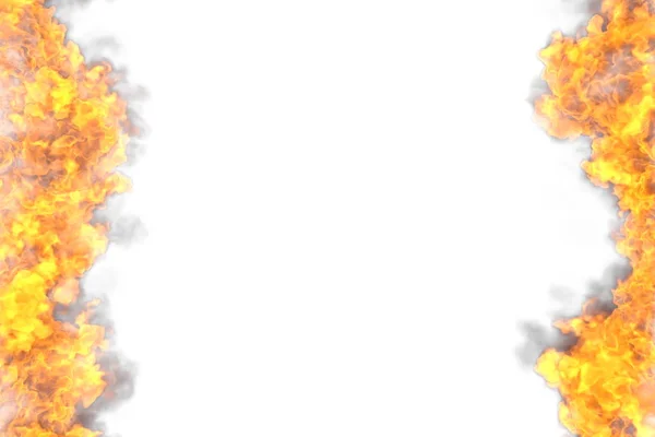 Tűz 3D illusztráció olvadó tér kandalló keret elszigetelt fehér háttér - felső és alsó üres, tűzvonalak oldalról balra és jobbra — Stock Fotó