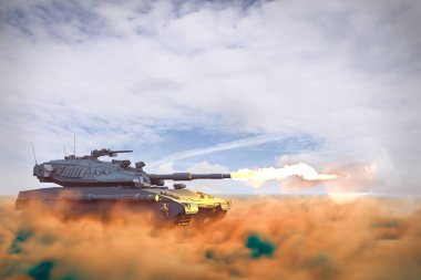 Çölde çatışmayla mücadele etmek için tasarlanmamış modern tank, çok detaylı silahlı çatışma konsepti - askeri 3D İllüstrasyon