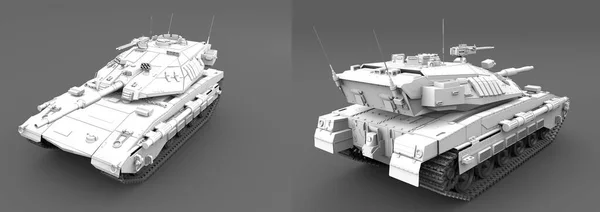 Szczegółowy lekki, szary ciężki czołg o konstrukcji nieistniejącej w izolacji na szarym tle, koncepcja siły czołgu - wojskowy 3d Ilustracja — Zdjęcie stockowe