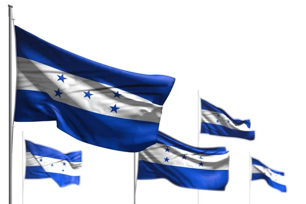 Wonderful five flags of Honduras are wave isolated on white - photo with selective focus - any holiday flag 3d illustration — ストック写真