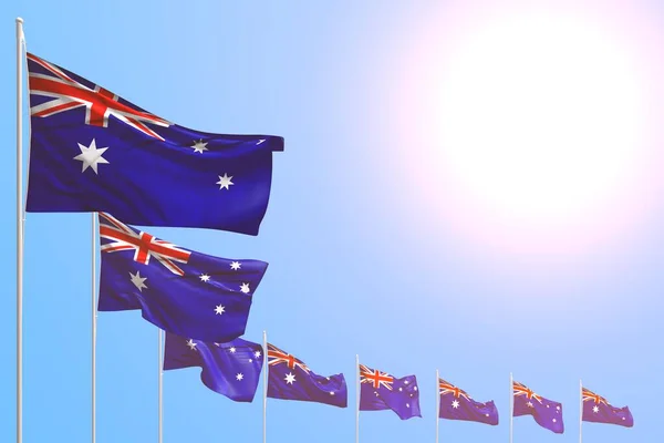 Nice many Australia flags placed diagonal on blue sky with space for content - any feast flag 3d illustration — ストック写真