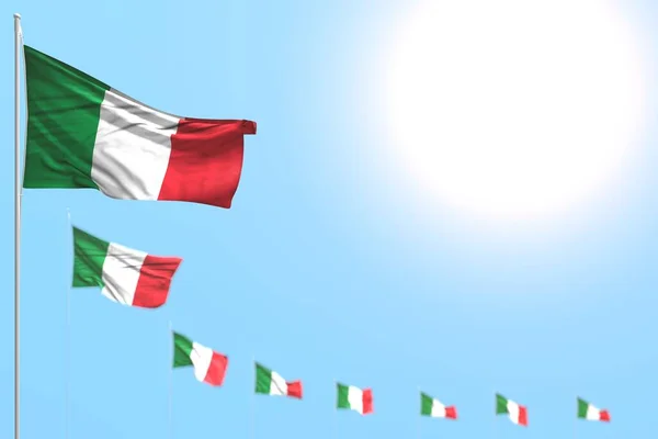 Muitas bandeiras Itália colocados diagonal com bokeh e lugar livre para o seu texto - qualquer ocasião bandeira ilustração 3d — Fotografia de Stock