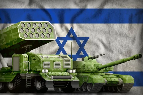 Israel concepto de vehículos blindados militares pesados en el fondo de la bandera nacional. Ilustración 3d —  Fotos de Stock