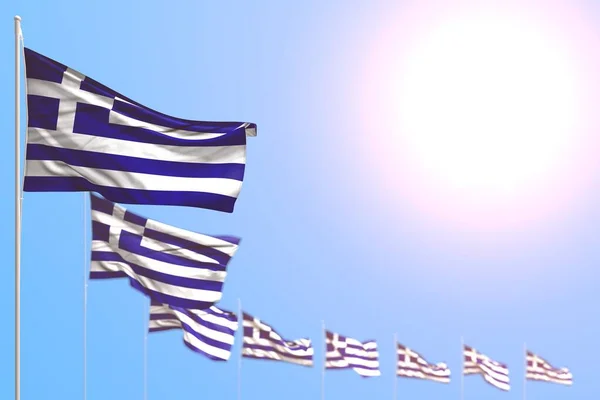 Nice many Greece flags placed diagonal with soft focus and free place for content - any occasion flag 3d illustration — Stock Photo, Image