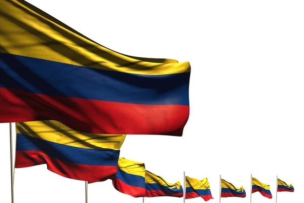 Beau beaucoup de drapeaux de Colombie placés en diagonale isolé sur blanc avec de l'espace pour le texte - tout drapeau de vacances illustration 3D — Photo