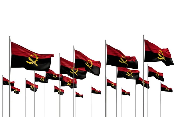 Niedlich viele Angola-Fahnen in einer Reihe isoliert auf weiß mit freiem Platz für Ihren Text - jede Festflagge 3D-Illustration — Stockfoto