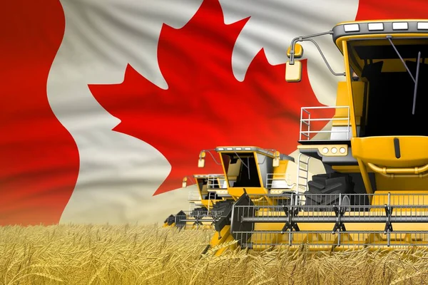 Ilustración industrial 3D de 3 cosechadoras modernas amarillas con bandera de Canadá en el campo de grano - vista cercana, concepto de agricultura — Foto de Stock