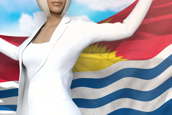 Linda mujer de negocios sostiene la bandera de Kiribati en las manos detrás de su espalda en el fondo del cielo azul - concepto de la bandera 3d ilustración — Foto de Stock